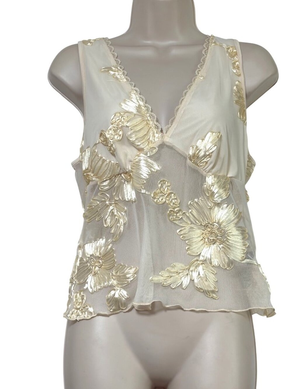 Womens XL Off white Tank Top Shirt Embroidered floral bra Lined Festival cottage